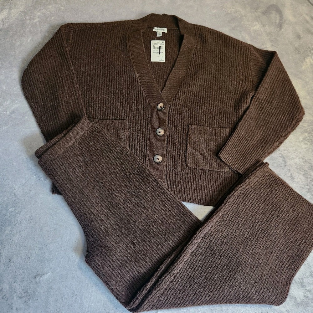 NORDSTROM Lounge Set XS Dark Brown Ribbed Knit Button Cardigan & Wide Leg Pants
